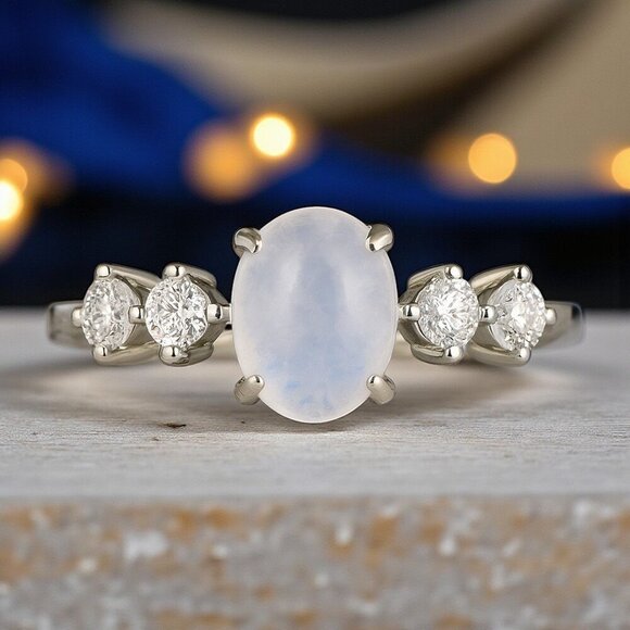 🆕Moonstone Minimalist Ring S925 Sterling Silver Genuine Gemstone CZ Stones - Picture 1 of 11